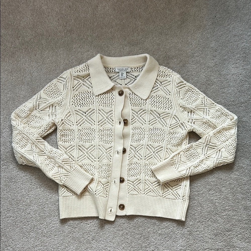 Rachel Zoe Cream Cardigan Sweater with Geometric Pattern
